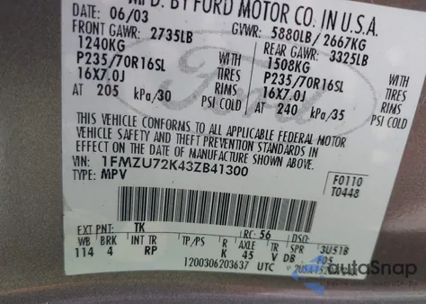 2003 Ford Explorer Xls z USA, uszkodzony, nr VIN 1FMZU72K43ZB41300